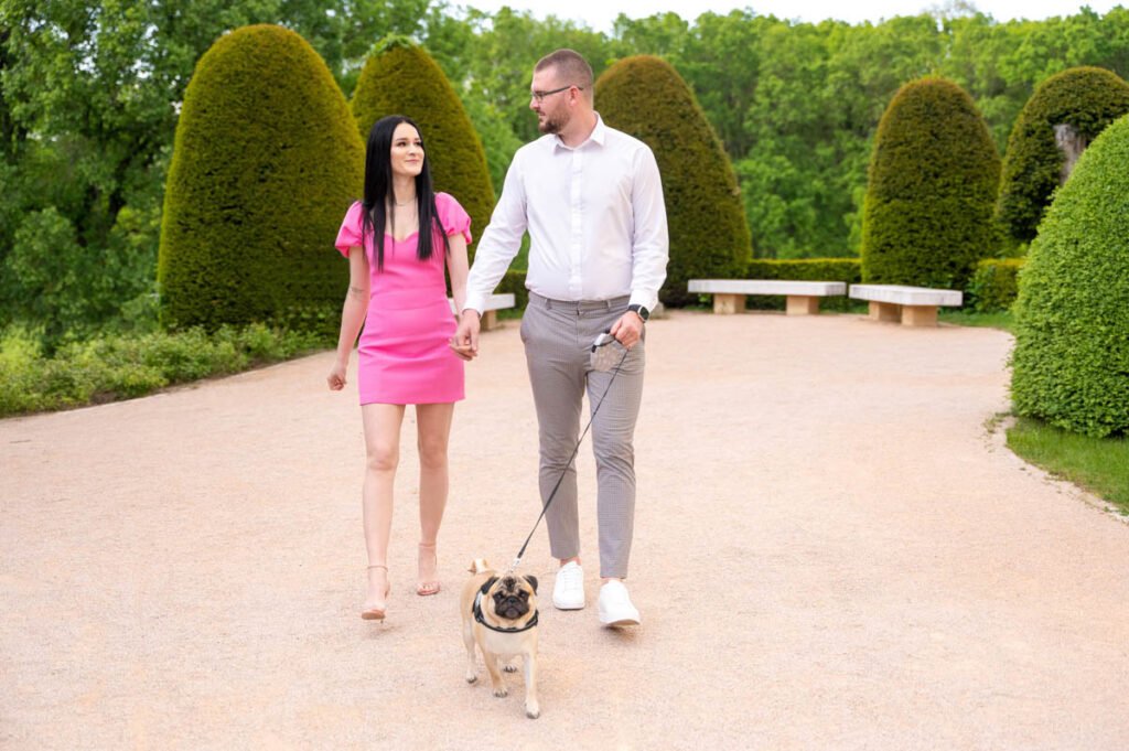 Esküvői fotós Nyíregyházán – Egy szerelmes pár romantikus sétát tesz egy gondozott parkban, miközben egy kis mopsz kutyát vezetnek pórázon. A menyasszony élénk rózsaszín miniruhát és magas sarkú szandált visel, míg a vőlegény elegáns fehér inget és szürke nadrágot öltött. Mosolyogva néznek egymás szemébe, miközben kézen fogva haladnak a kavicsos sétányon, háttérben gondosan nyírt bokrokkal és kerti padokkal.