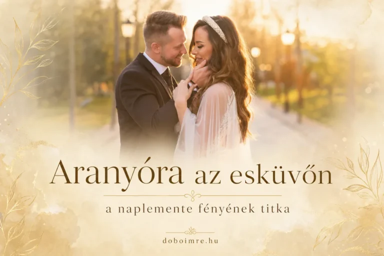 Aranyóra az esküvőn – ifjú pár a naplemente fényében, doboimre.hu